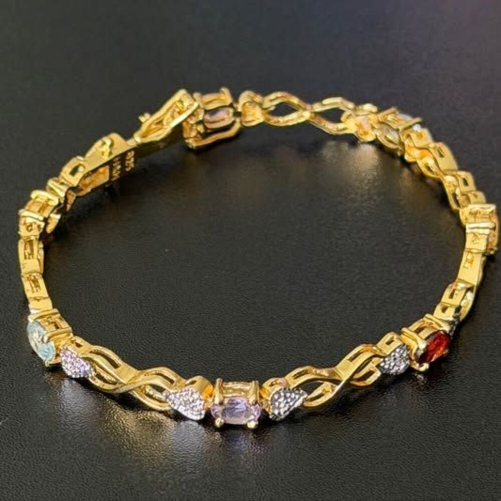 Gold Plated Sterling Silver Gemstone Heart Bracelet 7.5” | Romantic Luxury Style